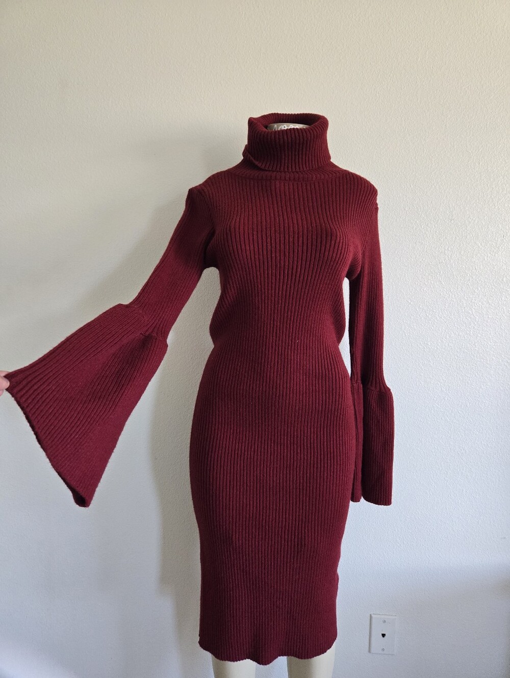 Turtleneck Ribbed Knit Bell-Sleeve Dress in Burgundy